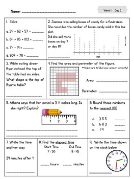 Math Review Common Core Homework Packet-Week 1 by Beth Bonafield