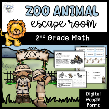 Preview of Math Review Escape Room Digital 2nd Grade Zoo Animal Google Forms