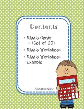 Math Riddle Cards and Student Riddle Worksheet by Megan Cahalan | TpT