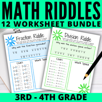 Math Riddles 12 Worksheet Bundle 3rd-4th Grade Practice & Review