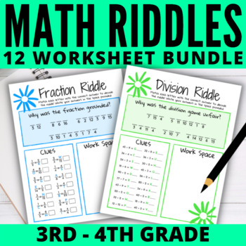 Preview of Math Riddles 12 Worksheet Bundle 3rd-4th Grade Practice & Review