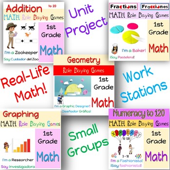 Preview of 7 Math Role Playing Games 1st Grade English & Spanish
