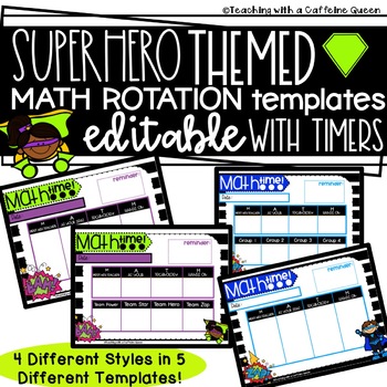 Preview of Math Rotation Boards in Superhero Theme Editable with Timers!