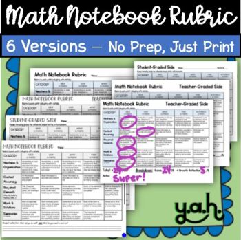 Preview of 6 Math Notebook Rubrics- Teacher Organizer, Student Notes, Score & Grade