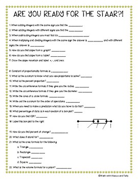 Staar Math Formula Chart 7th Grade
