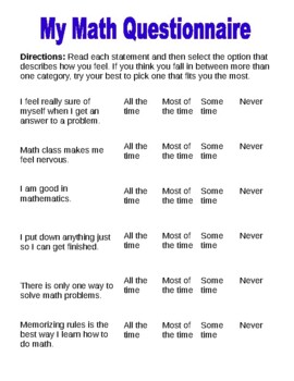 Preview of Math Self Assessment and Questionaire