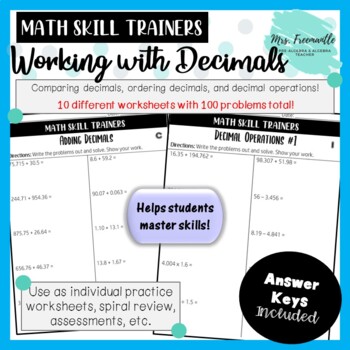 Preview of Decimals and Decimal Operations Worksheet Packet Math Skill Trainers 