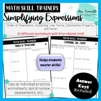 Preview of Simplifying Expressions Worksheet Packet Math Skill Trainers 