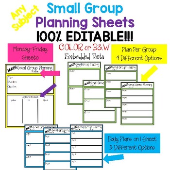Preview of Small Group Planning Sheets (ANY SUBJECT) 100% EDITABLE Digital or Write-on
