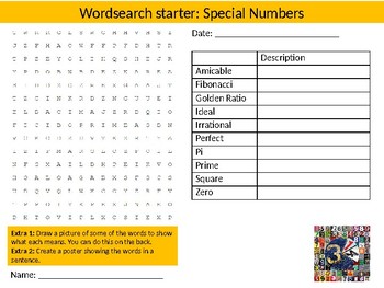 Preview of Math Special Numbers Wordsearch Crossword Anagram Alphabet Keyword Starter