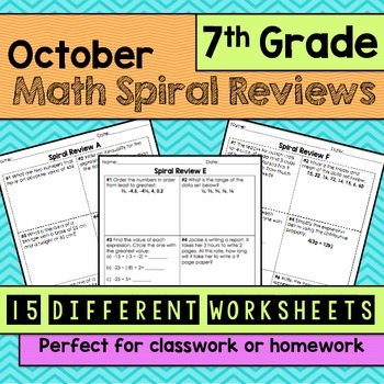 Preview of Math Spiral Review Worksheets 7th Grade Math -OCTOBER