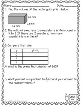 math spiral review worksheets february 6th grade math tpt