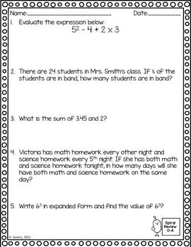 math spiral review worksheets october 6th grade math tpt