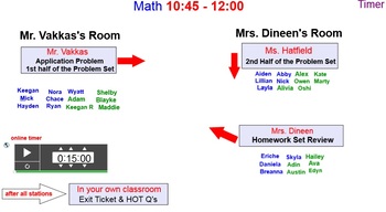 Preview of Math Centers Smart Board—various slides & student names to move to each station