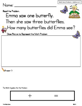 Preview of Math Story Problems.. Add to 5 Insect Unit ** Read, Draw, Answer It!