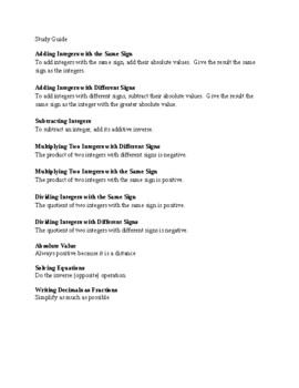 Preview of Math Study Guide - Positive and Negative Numbers