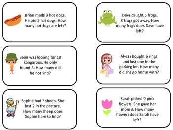 Preview of Math Subtraction Word Problems Flash Cards. Preschool flash cards for children.