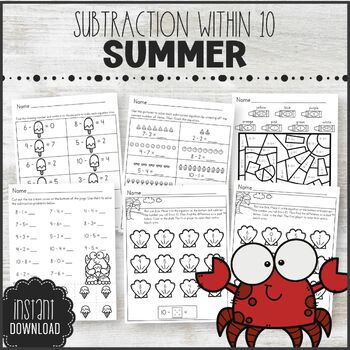 Preview of Math Subtraction within 10 Summer Theme *  End of Year Morning Work Worksheets