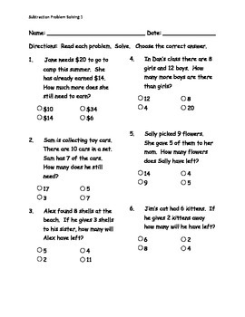 Math Subtraction word problems pre-post assessment (ITBS style) | TpT