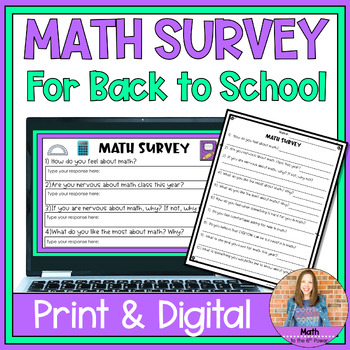 Preview of Math Survey Back to School Activity for 5th, 6th and 7th grade