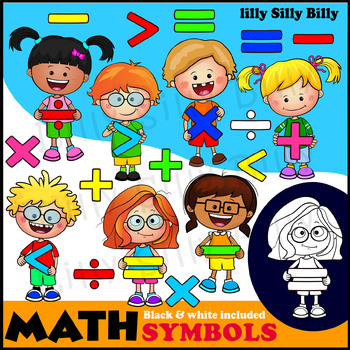Preview of Math Symbols Kids. Clipart in Color & Black/white. {Lilly Silly Billy}