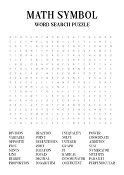 Preview of Math Symbols Word Search Puzzle Worksheet with Solution