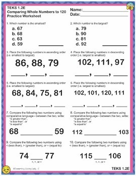 math teks 1 2e worksheets texas comparing whole numbers to 120 tpt