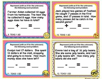 Math TEKS 1.5D Texas 1st Grade Task Cards Represent Word Problems to 20