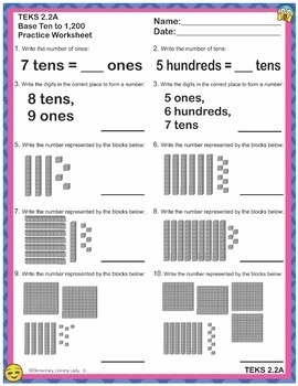 Math TEKS 2.2A Texas 2nd Grade Practice Worksheets Base 10 to 1,200