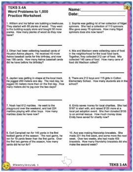 Math TEKS 3.4A Worksheets Texas Word Problems to 1,000