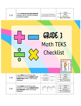 Preview of Math TEKS Checklist and Student Reflection, Data Tracker, 3rd Grade