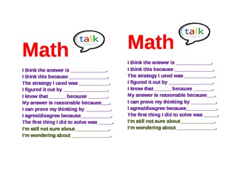 Preview of Math Talk Sentence Starter Prompts Cards Common Core