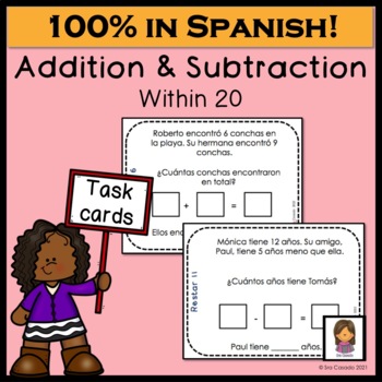 Preview of Addition Subtraction within 20 Word Problems | Spanish task cards