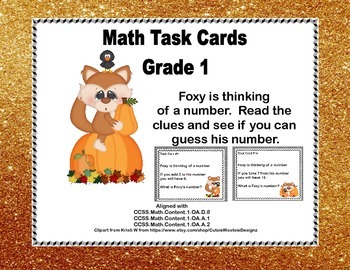 Preview of Math Task Cards- Grade 1 CCSS -Foxy is thinking of a number.....