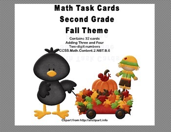 Preview of Math Task Cards Second Grade Adding Three and Four Two digit Numbers Fall Theme