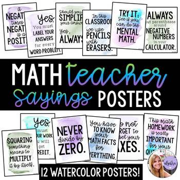 Preview of Math Teacher Sayings Watercolor Poster Set - Middle School & High School