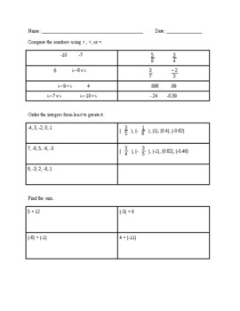 Math Test: Comparing Numbers, Ordering Integers, Solving Equations, and ...