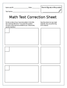 Preview of Math Test Correction Sheet/Error Analysis