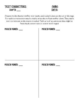 Math Test Corrections Sheet Template by Limitless Fourth TpT