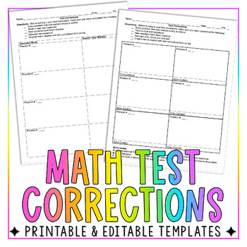 Preview of Math Test Corrections Templates - Editable, Printable & Digital