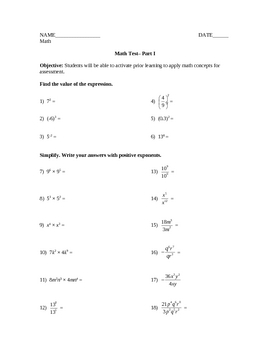 Preview of Math Test - Exponents, Radicals & Scientific Notation