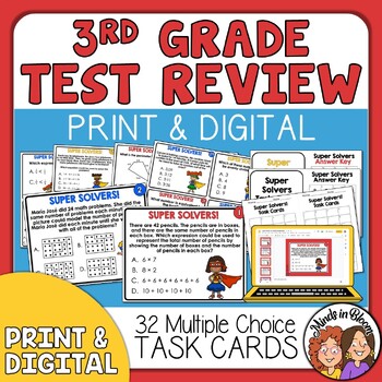 Preview of 3rd Grade Math Test Prep and Review Task Cards Self-Checking Critical Thinking