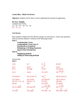 Preview of Math Test Review - Exponents, Radicals & Scientific Notation