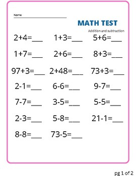 Preview of Math Test (addition, subtraction, multiplication, and division)