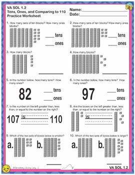 Math VA SOL 1.2 Worksheets Virginia 1st Grade Tens, Ones, Comparing to 110