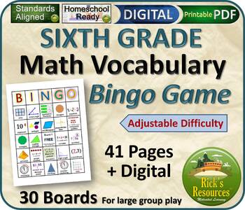 Preview of 6th Grade Math Vocabulary Bingo Game - Print and Digital Resources