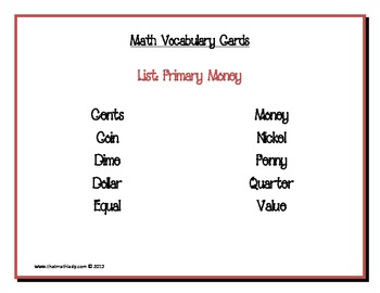 Preview of Math Vocabulary Cards: Primary Money