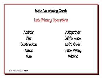 Preview of Math Vocabulary Cards: Primary Operations