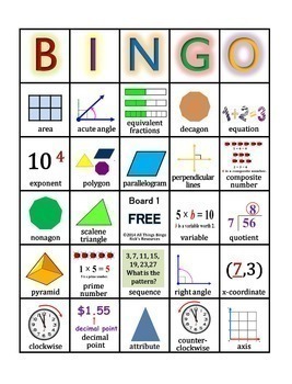 Math Vocabulary Activity Bingo Game 5th Grade by Rick's Resources