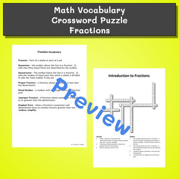 Math Vocabulary Crossword Puzzle Fractions by Teacher s Widget TPT